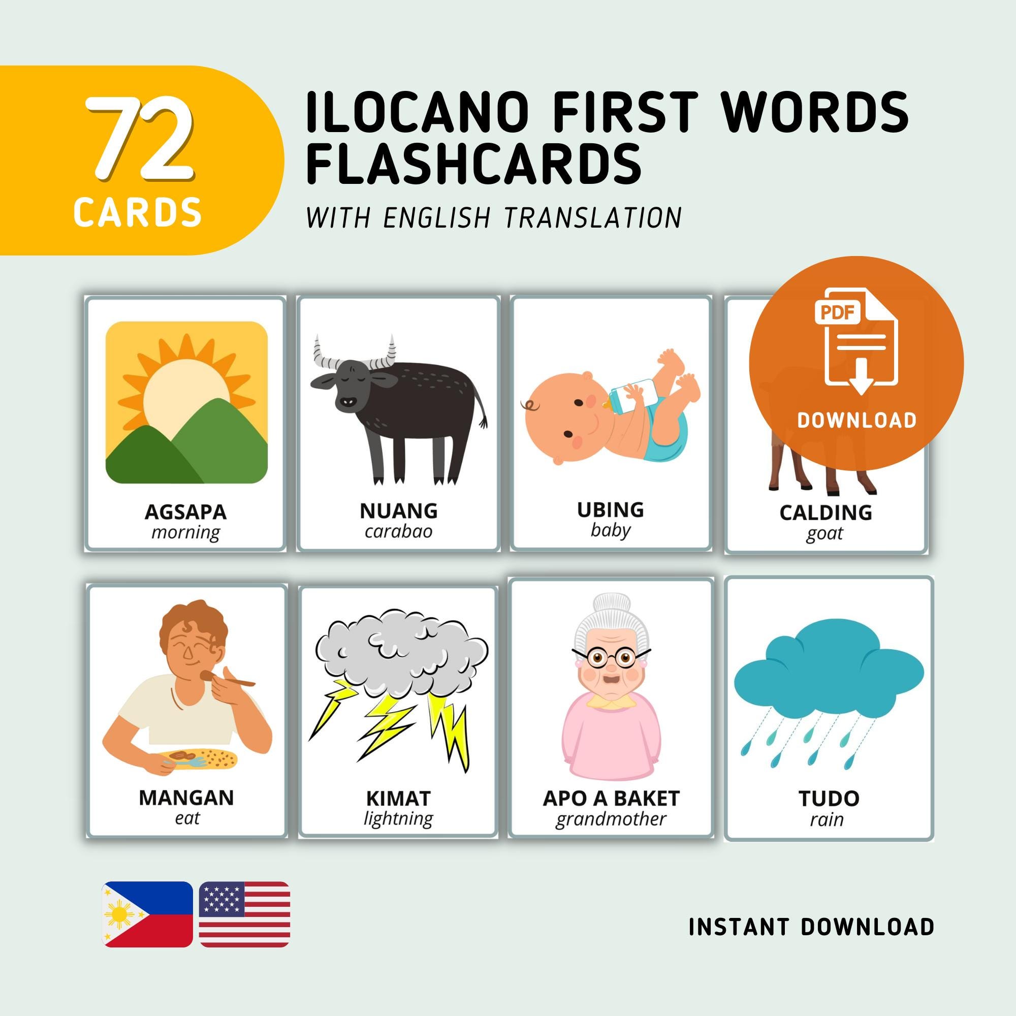First Ilocano Words Flashcards (72 Cards) W/ English Translation ...