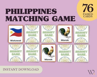 Philippines Matching Game (76 paired cards) Unique Filipino Themed Images - Printable Pinoy Memory Game - Filipino Games - Easy Download