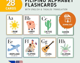 May include: A set of 28 Filipino alphabet flashcards with English and Tagalog translations. Each card displays a letter, an illustration, and a word. Includes images of a sun, pig, cactus, airplane, guitar, and more.