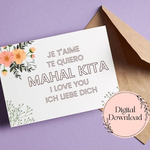 Mahal Kita Biglietto d'auguri filippino multilingue per San Valentino - Biglietto d'auguri stampabile - Download istantaneo - PDF stampabile