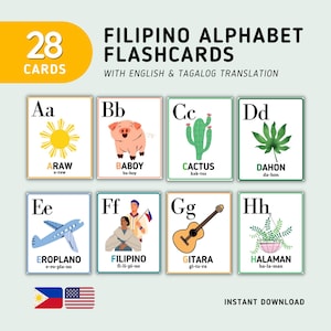 Filipino Alphabet (28 Cards) Flashcards - Tagalog ABC Flashcards, Digital Download, Filipino Flashcards Alphabets with English Translation