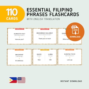 May include: A set of 110 Filipino phrases flashcards with English translations. The cards feature phrases like "How are you?" and "Thank you so much." The design includes a PDF download option and the text "Instant Download."