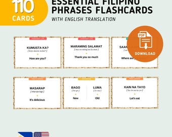 Niezbędne zwroty filipińskie 110 kart Fiszki - filipiński z tłumaczeniem na angielski Fiszki - ekspresja słownictwa - fiszki do druku