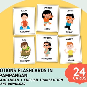 Flashcards de emoções Kapampangan (24 cartões) com tradução em inglês - Flashcards para impressão - Flashcards de idioma - Download digital