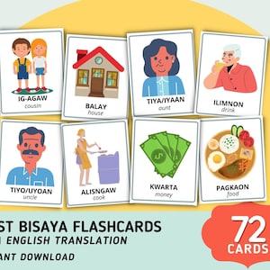 Tarjetas didácticas de las primeras palabras en bisaya (72 tarjetas) con traducción al inglés - Tarjetas didácticas en bisaya y inglés - Tarjetas didácticas Montessori filipinas