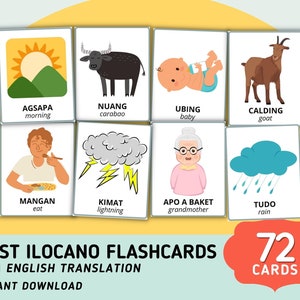 Flashcards de palavras First Ilocano (72 cartões) com tradução para o inglês - Flashcards imprimíveis Ilocano - Flashcards de aprendizagem imprimíveis