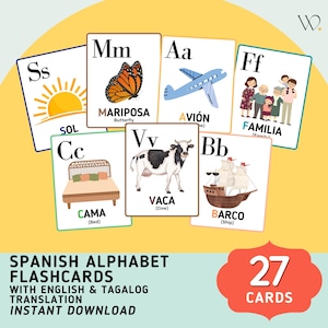 Spanish Alphabet with English & Tagalog Translations (27 Cards) Flashcards, Alphabet Flashcards, Bilingual Education, Digital Download