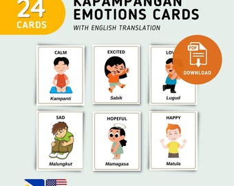 Könnte beinhalten: Ein Satz von 24 Kapampangan Emotionskarten mit englischer Übersetzung. Jede Karte zeigt eine andere Emotion, wie "Ruhe", "Aufgeregt" und "Glücklich", mit entsprechenden Illustrationen und Texten in Kapampangan und Englisch.