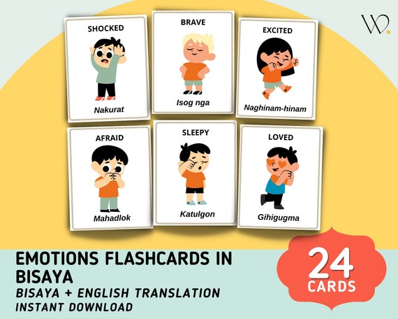 Emotions in Bisaya Flashcards (24 Cards) with English Translation - English Flashcards - Printable - Montessori Flashcards