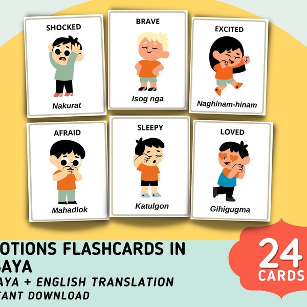 Emotions in Bisaya Flashcards (24 Cards) with English Translation - Printable Flashcards - Philippine Language Flashcards - Digital Download