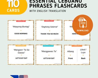 Frases esenciales en cebuano (110 tarjetas) - Tarjetas de vocabulario con traducción del cebuano al inglés - Tarjetas imprimibles