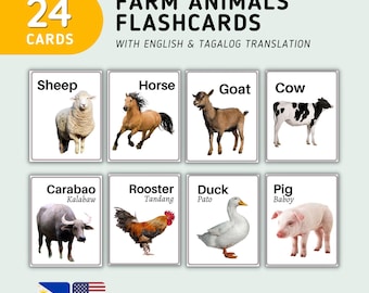 Farm Animals (24 cards) Flashcards - Tagalog Flashcards with English Translation, Montessori Filipino Flashcards, Digital Download