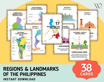 Philippine Regions & Landmarks (17) Flashcards 38 Cards - Printable Flashcards - Luzon, Visayas, Mindanao - Digital Download