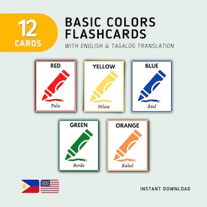 Filipino Colors (12 Cards) Flashcard Printable, Tagalog Colors Flashcards, Bilingual Filipino Printables PDF, Filipino Montessori Flashcards
