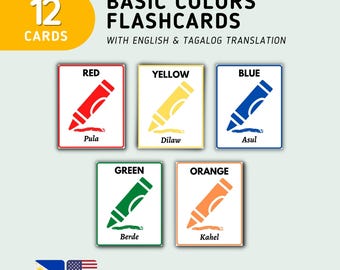 Filipino Colors (12 Cards) Flashcard Printable, Tagalog Colors Flashcards, Bilingual Filipino Printables PDF, Filipino Montessori Flashcards