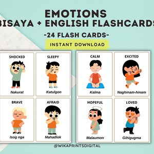 Może przedstawiać: Fiszki z ilustracjami emocji, w tym "Shocked", "Sleepy" i "Excited". Karty zawierają tłumaczenia w językach bisaya i angielskim. Tekst "EMOTIONS BISAYA + ENGLISH FLASHCARDS" znajduje się na g&oacute;rze, a pod nim "-24 FLASH CARDS- INSTANT DOWNLOAD".