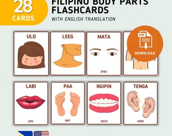 Body Parts Flashcards (28 Cards) w/ Filipino Translation - Filipino Flashcards - Printable Learning Flashcards - Digital Download