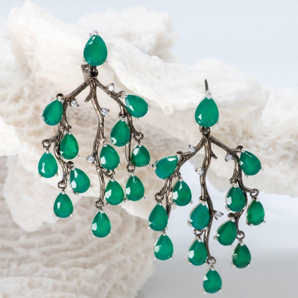 Cascade Green Agate Drop Earrings in Sterling Silver