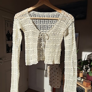 Häkelbluse handgefertigt | Vintage Top gehäkelt Vintage 70er Boho Spitzen-Muster cremeweiß Sommer 100% Baumwolle