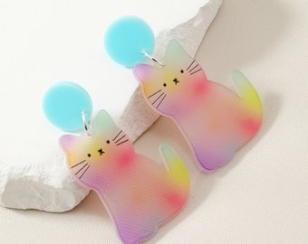 Acrylic gradient color cat earrings, Fun and unique accessory, Gift for cat lovers, Ombre rainbow cat earrings, Handmade cat drop earrings