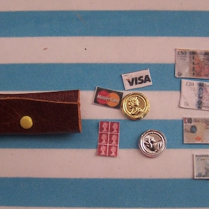 Casa de muñecas, Monedero, 12.º aniversario, Dinero, Hecho a mano, Monedas, Sellos, Marrón, Cuero auténtico, Billetera, Miniatura, Exhibición, Único, Venta