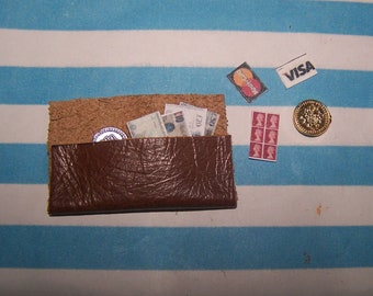 Dolls House, Purse, 12th, Money, Hand Crafted, Coins, Stamps, Brown, Real Leather, Wallet, Miniature, Display, Unique, Bow, Sale
