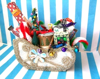 Christmas Sleigh, 12th Scale Miniature, Gifts, Food, Drink, Gold, Crafted By Mel, Vintage