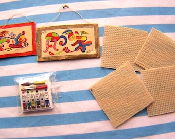 Miniatures, Artist Paint Set, 12th Scale, Canvas, Paintings, Brushes, Doll House, Diorama
