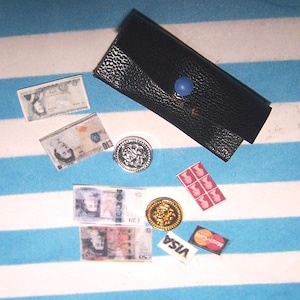 Dolls House, Purse, 12th, Money, Hand Crafted, Coins, Stamps, Black, Faux Leather, Wallet, Miniature, Display, Unique, Blue Button, Sale