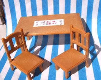 Miniatura, Mesa de Comedor, Escala 16, Sillas, Juego, Sylvanian Families, Años 80, Casa de Muñecas, Muebles, Vintage