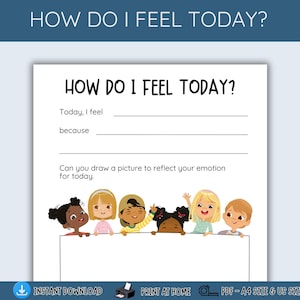 Hoja de trabajo para niños sobre cómo me siento hoy / Actividad de regulación de emociones imprimible / Cuadro de sentimientos en formato PDF para niños / Tamaños A4 y carta de EE. UU.