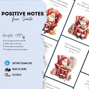 Tarjetas de afirmación de Papá Noel para niños, mensajes positivos navideños de Papá Noel, notas de ánimo navideñas en acuarela, tarjeta de bondad de Papá Noel