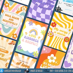 Cartes d'affirmation quotidiennes rétro édifiantes, Motivation positive inspirée des années 70, Citations d'encouragement groovy, Imprimable pour renforcer la confiance en soi