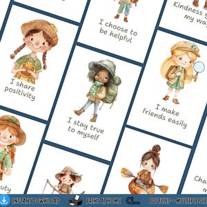 Minimalistische dagelijkse bevestigingskaarten met meisjesscoutthema, inspirerende aardse speelse pdf-afdrukbaar voor scoutingevenement, positieve berichten.