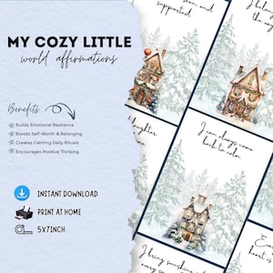 Gemütliche Weihnachtsdorf Affirmationskarte für Kinder, Winter Cottage Thema, emotionale Unterstützung und Vertrauensschub, Weihnachten im Juli Positivität