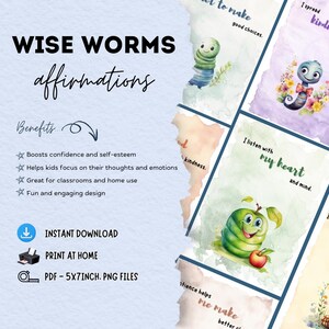 Tarjetas de afirmaciones positivas de Wise Worms, mentalidad de crecimiento para niños imprimible, tarjetas didácticas SEL de acuarela, PNG y PDF de 5 x 7, decoración de atención plena.
