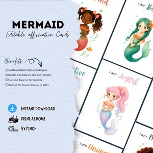 Tarjetas de Afirmaciones de Sirena Editables para Niños / Afirmaciones Positivas Imprimibles / 8 Tarjetas de "Yo Soy" que Te Alienta / Descarga Instantánea 5x7"