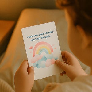 Affirmatiekaarten voor het slapengaan voor kinderen, thema groene wolk en regenboog, kalmerende routine, slaapbevestigingsjournaal, afdrukbare pdf voor thuis
