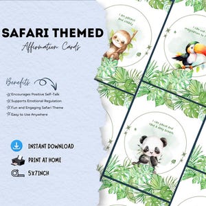 Tarjetas de Afirmación de Safari en la Jungla: Estampados de Animales en Acuarela para el Crecimiento Emocional y la Atención Plena de los Niños