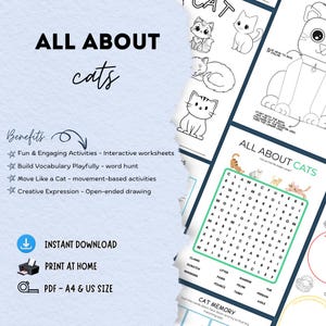 Pack d'activités Tout sur les chats, imprimables d'apprentissage des chats, cahier d'exercices pour les enfants d'âge préscolaire et l'école à la maison, faits amusants, cartes de mouvements, recherche de mots et dessin