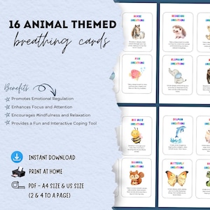 Tarjetas de respiración con arcoíris con temática de animales en acuarela, herramienta de autorregulación portátil y apta para viajes, para niños e imprimible con respiración consciente