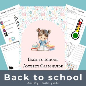 Guida alla calma per combattere l'ansia durante il ritorno a scuola, routine quotidiana stampabile, liste di controllo, agenda scolastica, affermazioni positive, strumento per la salute mentale dei bambini.