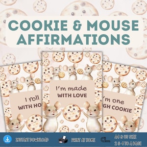 Afdrukbare bevestigingskaarten voor kinderen: koekjes en muis lunchbox-notities, groeimindset-decor, 5 x 7 directe download