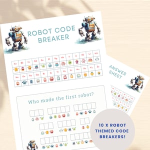10 x codekrakeractiviteit voor kinderen, robotwoordpuzzel, afdrukbaar in de klas, robotfeiten, kraak de geheime boodschap, thuisschooluitdaging.