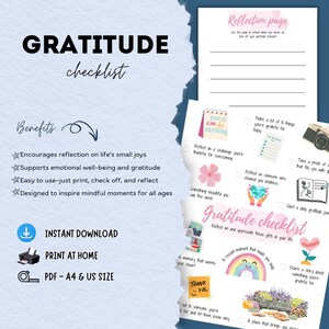 Dankbarkeit Checkliste Printable | Reflection Journal Seiten | Achtsamkeits-Aktivitäten für Kinder und Erwachsene | A4 & US Letter Größe PDF
