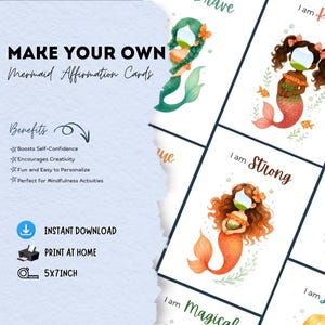 Insérer une carte d'affirmation de soi sirène | Créez le vôtre | Modèle de toile modifiable | Affirmations personnalisées pour enfants | 5 x 7 pouces imprimable