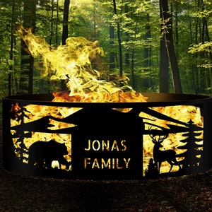 Personalized Heavy Duty Josephs Fire Pit, Deer and Bear Pattern with Custom Name, High-Quality Fire Pit Rings, Metal Gift for Him & Family
