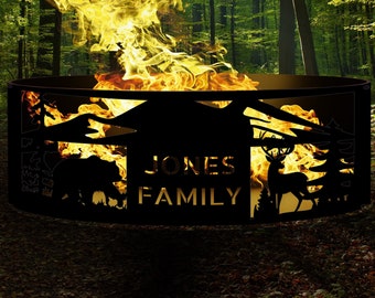 Personalized Heavy Duty Josephs Fire Pit, Deer and Bear Pattern with Custom Name, High-Quality Fire Pit Rings, Metal Gift for Him & Family