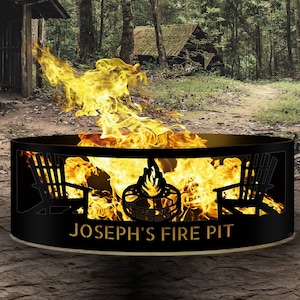 May include: A black metal fire pit with cutouts of two chairs and a campfire. The fire pit has the text "JOSEPH'S FIRE PIT" on the front. The fire pit is surrounded by flames.