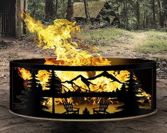 Camping Silhouette Fire Pit, Metal Yard Art, Chair Fire Pit, Gift for Dad, Nature Themed Fire Ring, Wood Burning Fire Ring, Metal Campfire